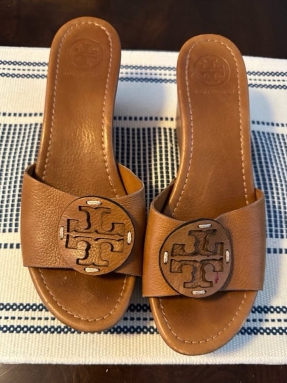 Tory Burch Cognac Pebbled Leather Logo Slide Sandals Size 9